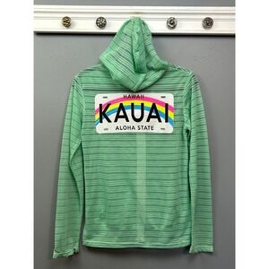 Aloha Kauai Hawaii License Plate Green Striped Full Zip Hoodie Womens Medium